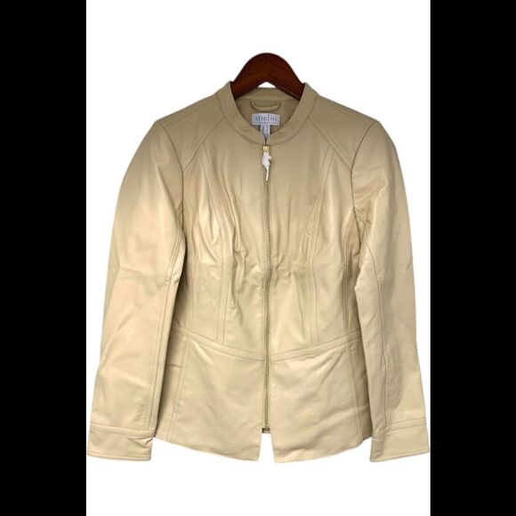 Denim & Co. Jackets & Blazers - Studio by Denim & Co. Faux Leather Zip Front Peplum Jacket Beige - Regular